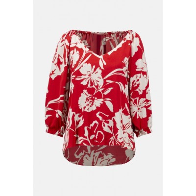 Joseph Ribkoff - 252119 Losse bloes rood ecru print.